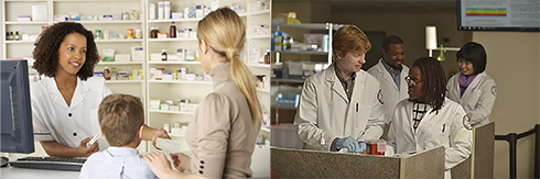 Pharmacist talking to patients on left and Pharmacy students in a lab on the right